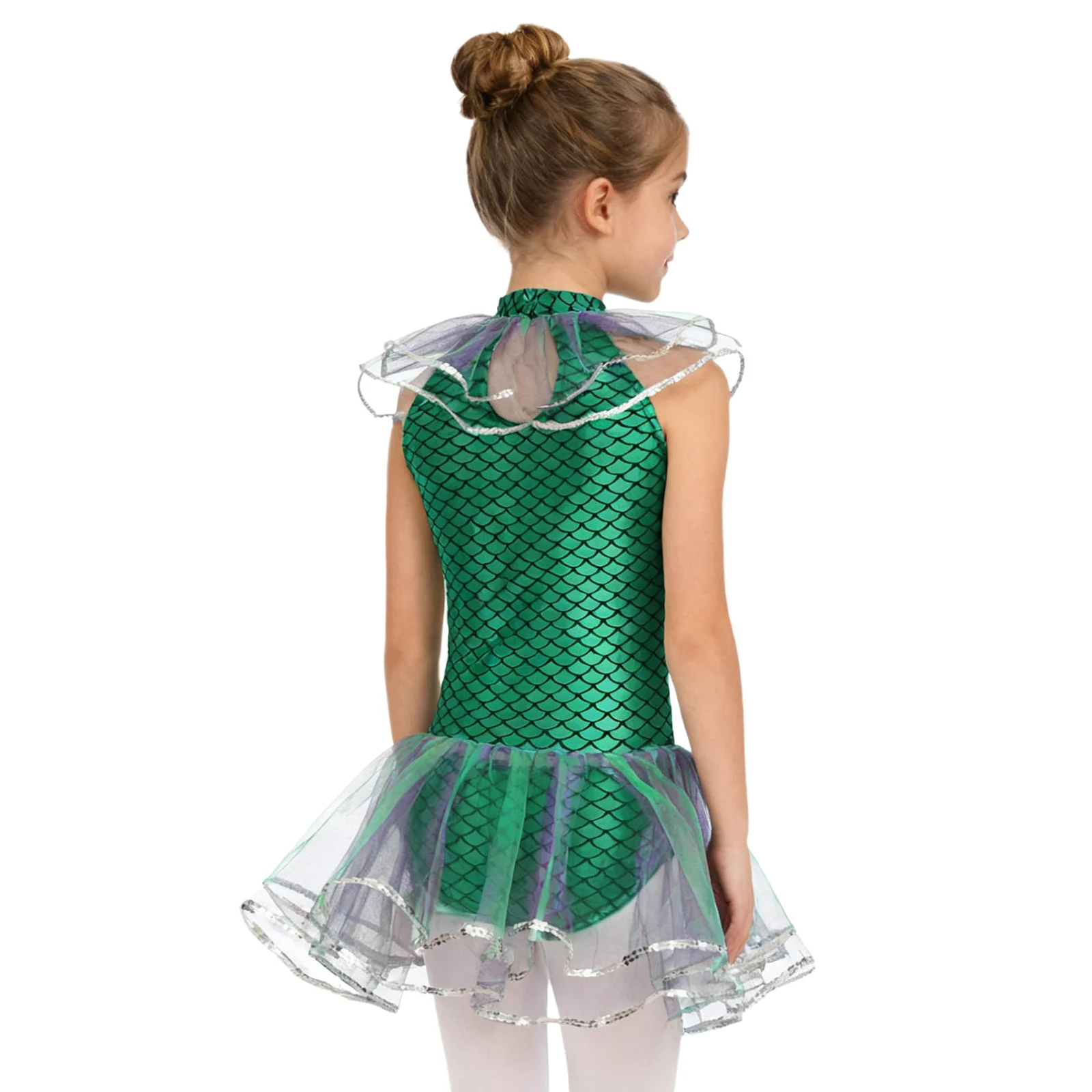 أطفال بنات حورية البحر ارتداءها لامعة قشور السمك طباعة الترتر شبكة توتو يوتار مع أكمام أذرع تبريد هالوين كرنفال تأثيري حلي