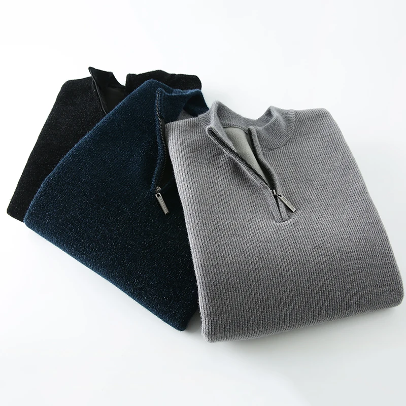 

Утепленный флисовый теплый мужской вязаный свитер на молнии с высоким воротником, повседневный городской стильный зимний топ с длинным рукавом