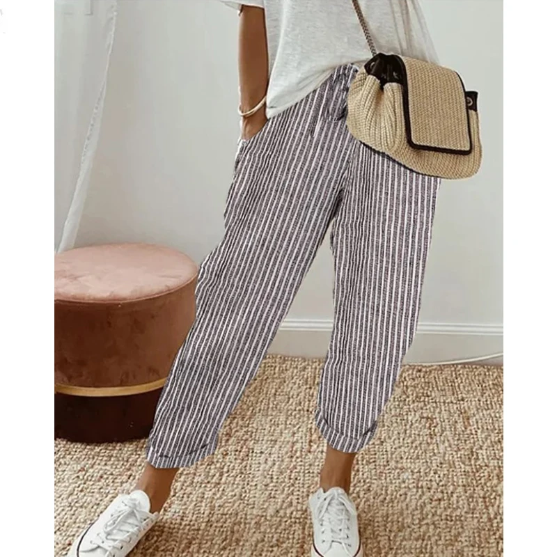 Classic American Striped Women's Retro Pants Beach Street Korean Elastic Waist Pant Office Fashion Base Female Autumn Trousers