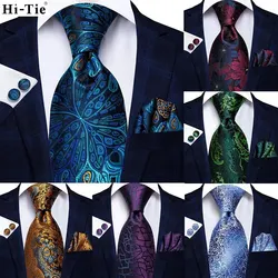 Hi-Tie Peacock Blue Novelty Designer Silk Wedding Tie For Men Hanky Cufflinks Gift Mens Fashion Necktie Set Business Party