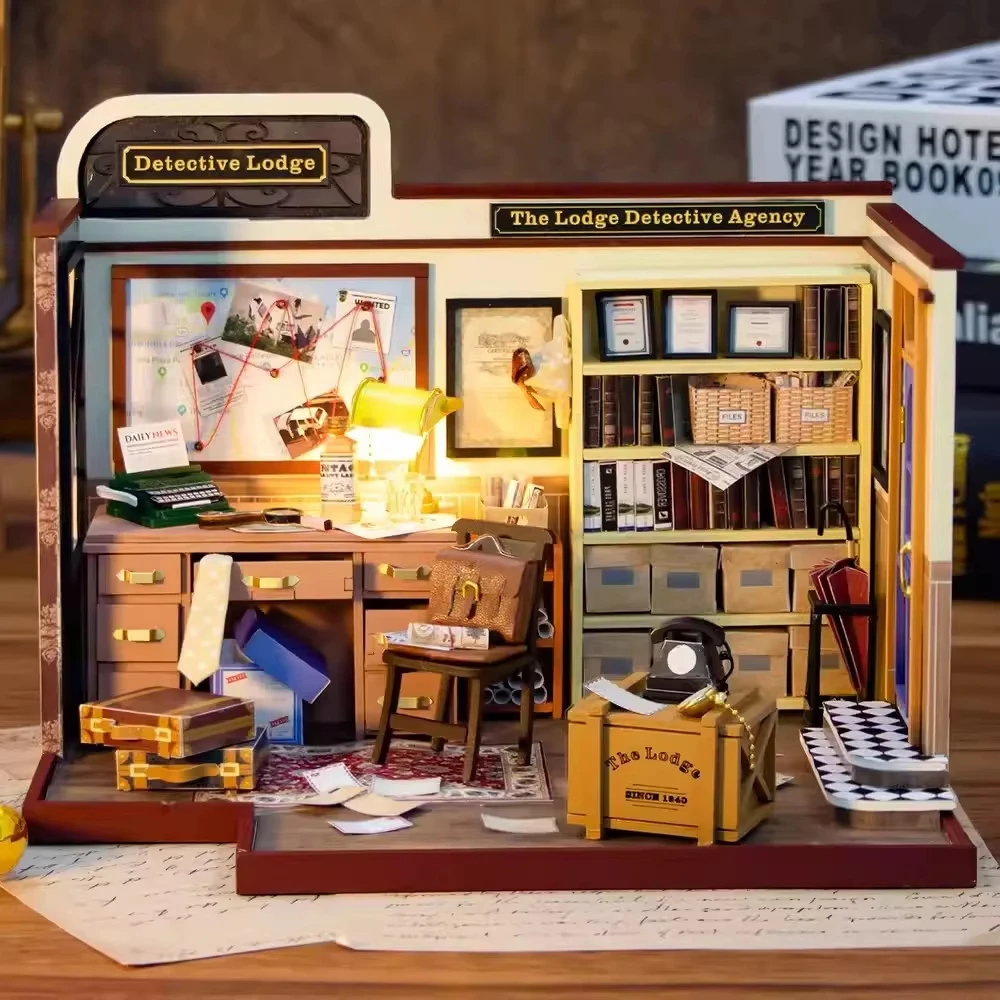 New DIY Wooden Doll Houses With Furniture LED Lights Miniature Dollhouse Kit Toy for Birthday Gift Detective Agency of Lodge