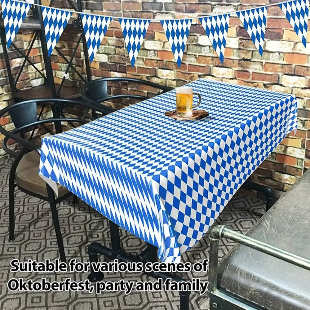 Oktoberfest Tablecloth Plastic Waterproof Bavarian Flag Blue and White Plaid Tablecloth German Theme Party Welcome Banner