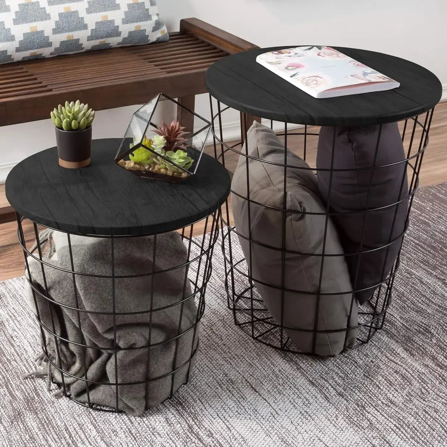 

End Tables Set of 2 - Nesting Tables with Removable Wood Tops and Metal Basket Bases for Blanket Storage - Round Side Pieces for