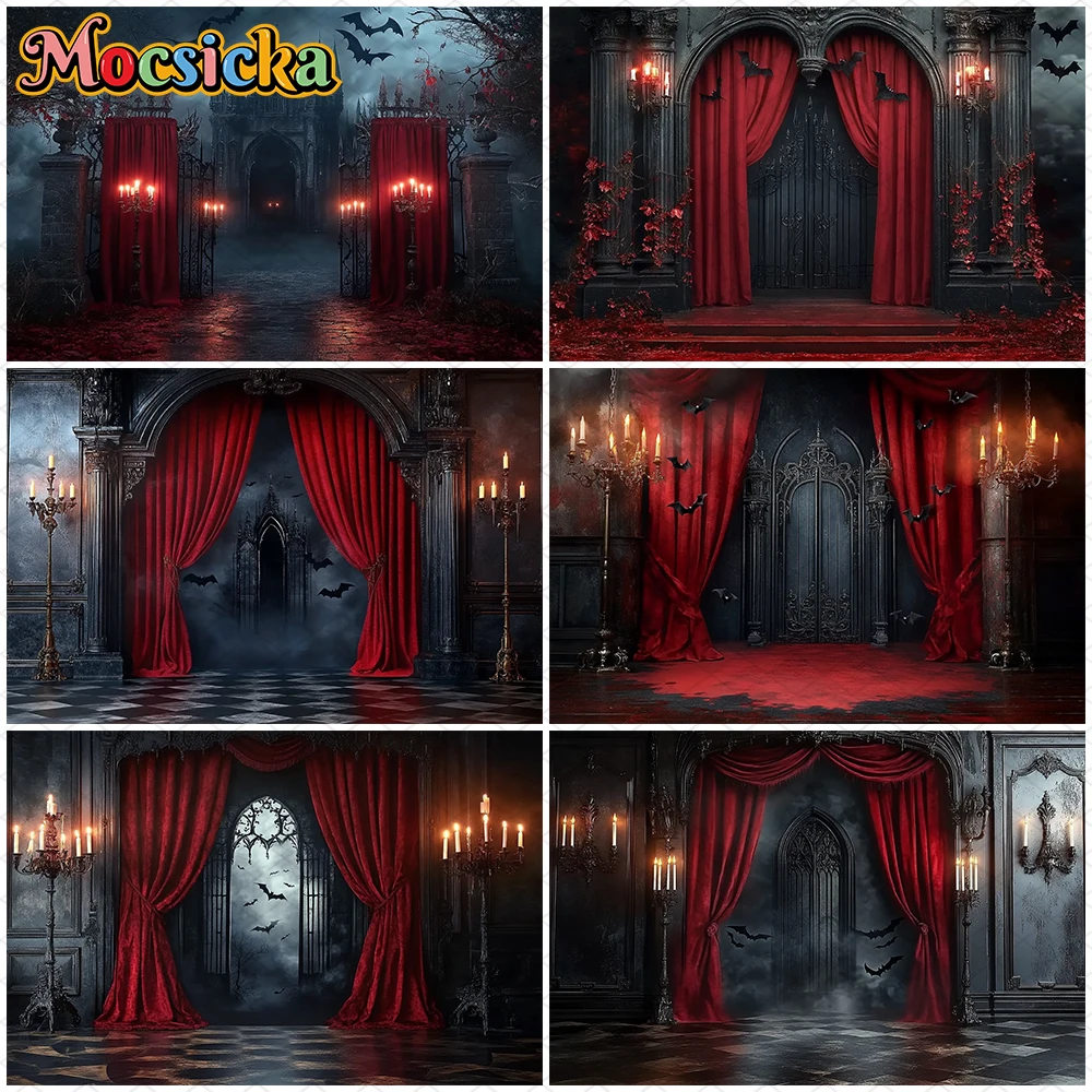 

Mocsicka Halloween Photography Background Night Castle Bat Red Curtain Room Decorations Children Adult Photo Backdrops Wallpaper