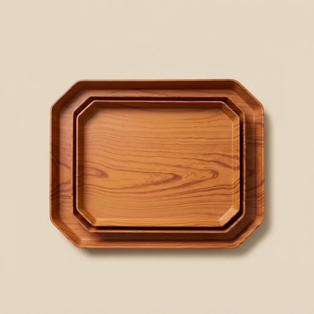 Stapelbare plastic serveerschaal met houtnerf, rechthoekig, decoratief, voor fruit, eten, thee, keukenservies