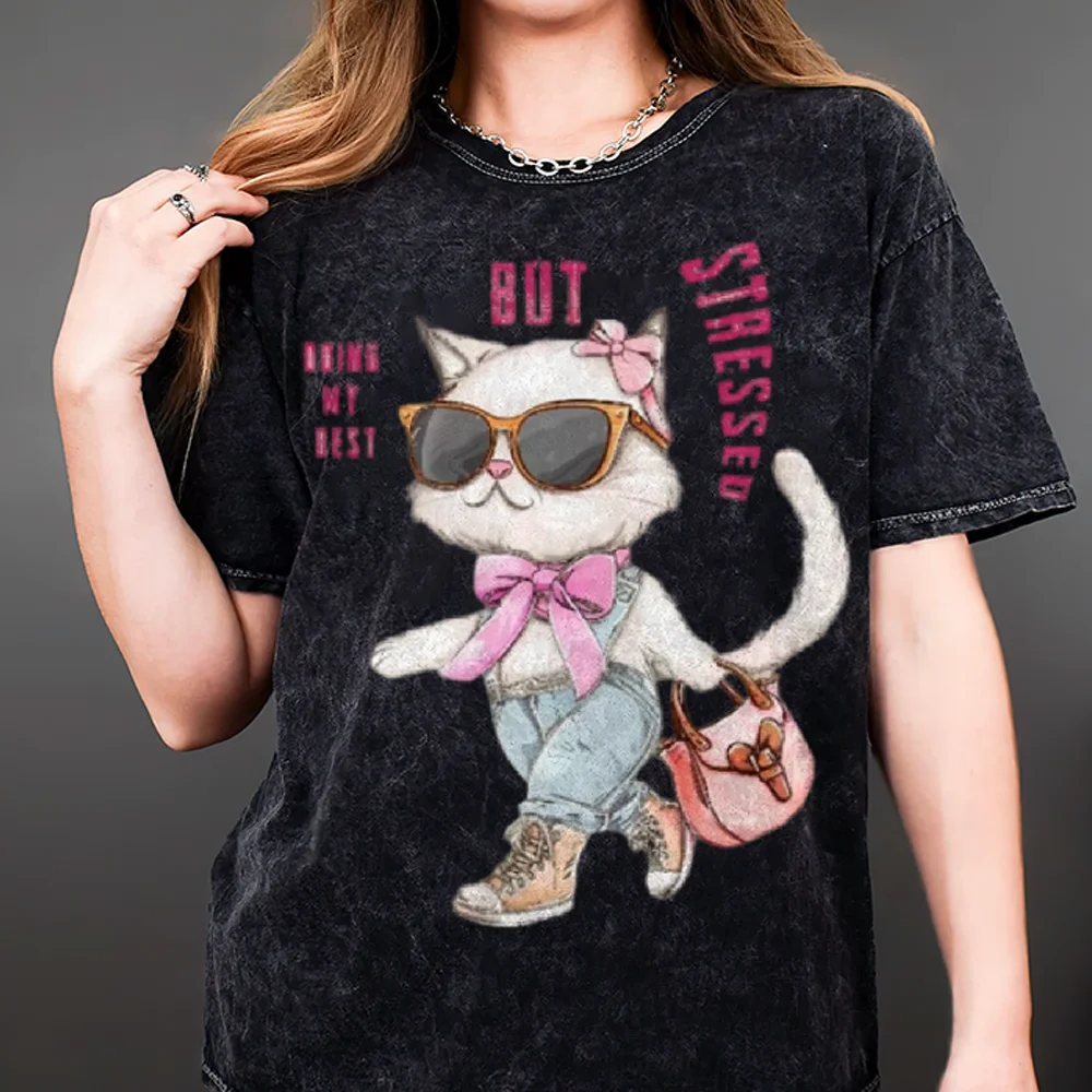 

Fashion Cat Anthropomorphic Cartoon Print Women's 100% Cotton T-Shirt Normal Size Loose Stretch Short Sleeve Casual Cute Tees