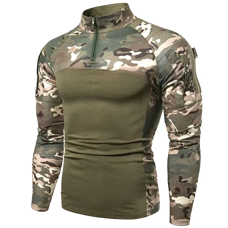 New Camouflage Men\'s T-Shirts Half Zipper Stand Neck Thick Fleece Shirts Outdoor Sports Athletic Tops Long Sleeve T shirts