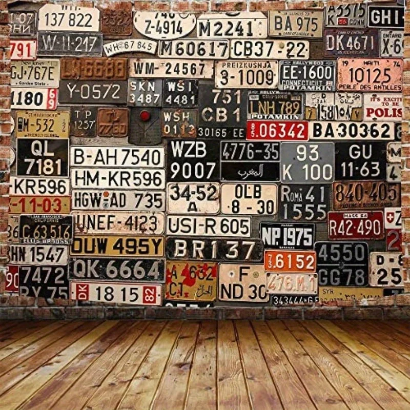 Vintage License Plate Wall Tapestry 2D Flat Retro Car Number Art Decor for Garage Bar Man Cave Photography Backdrop Cloth