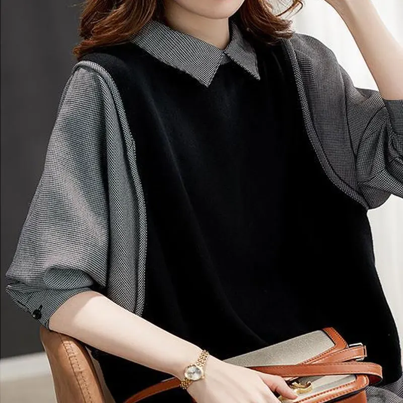 Office Lady Casual Plaid Patchwork Shirt Spring Autumn Peter Pan Collar Korean Loose Women\'s Clothing All-match Button Blouse