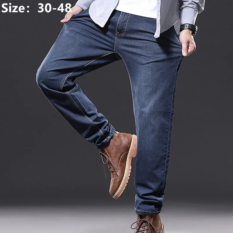 

Summer Jeans Men Loose Straight Plus Size 48 46 42 40 Pants Boys Elastic Big Denim Casual Thin Stretched Blue Large Trousers
