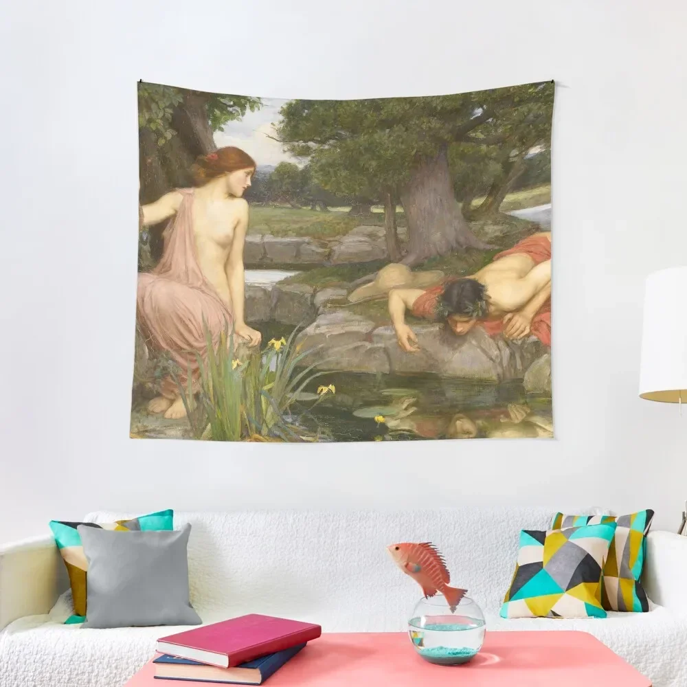 HD. Echo and Narcissus, John William Waterhouse Tapestry Outdoor Decoration Room Decorator Wall Hanging Tapestry