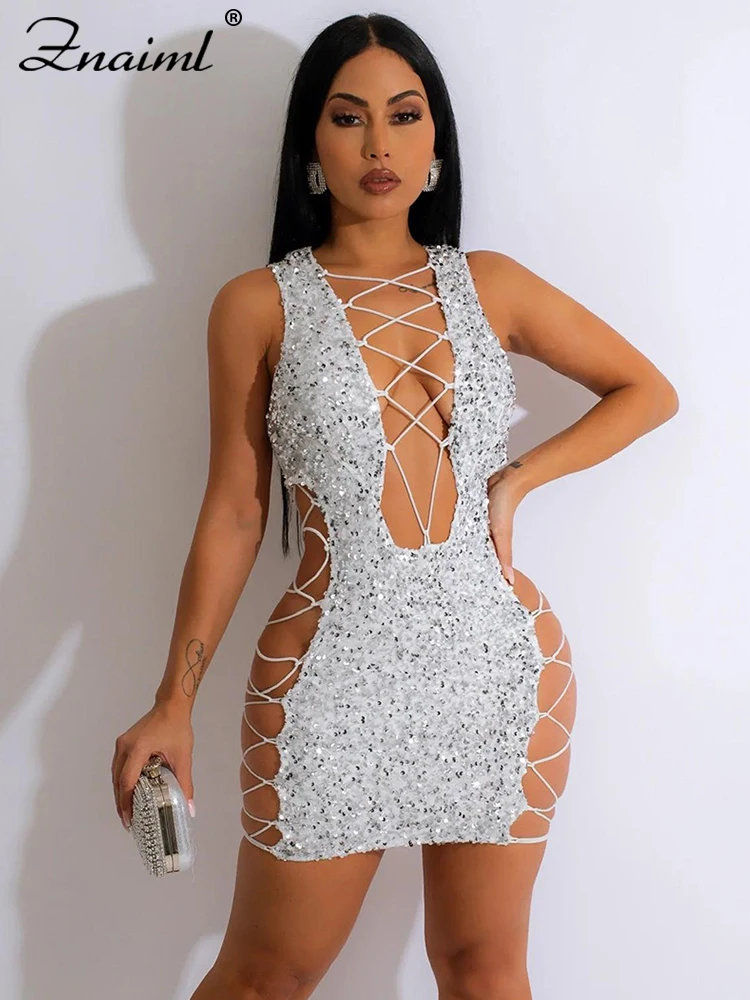 Znaiml Elegant Sparkly Sequined Evening Party Club Mini Dress Women Cloting Luxury Hollow Out Lace-up Bodycon Birthday Vestidos