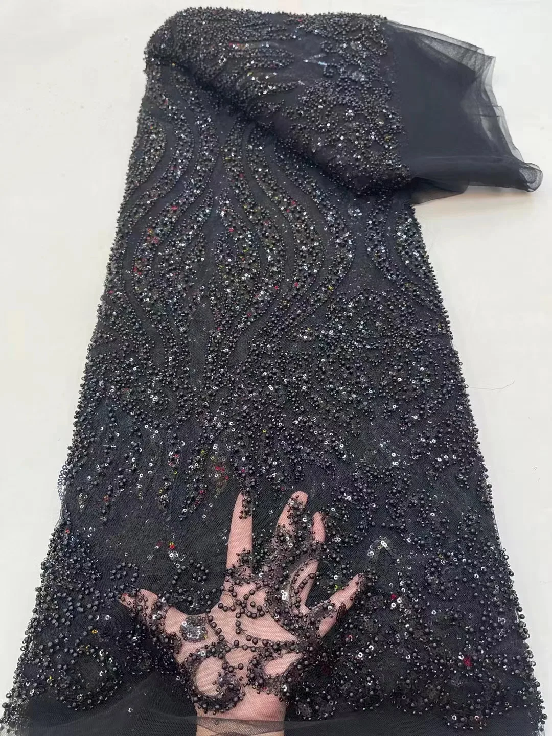 

Black Sequin Luxury Beads Lace African 2023 High Quality 5 Yards Handmade Sequins Fabric Nigeria For Evening Party Dress