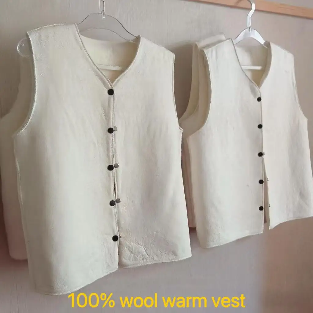 Winter Thicken Pure Wool Vest Middle-aged Elderly Men Women Sheepskin and Wool One-piece Vest Hand-cutting Warm Tops Dad Mom