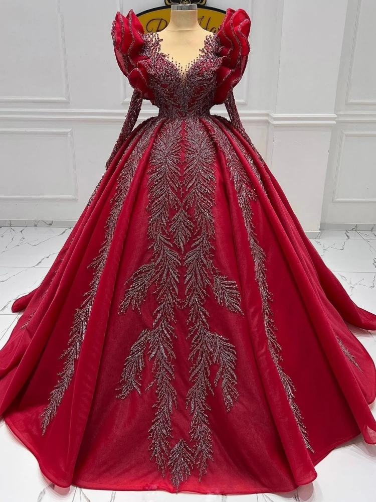 Gorgeous Wine Red Women Prom Dresses Birthday Party Gown V Neck Beading Puffy Skirt Long Sleeve Evening Formal Wear Quinceanera