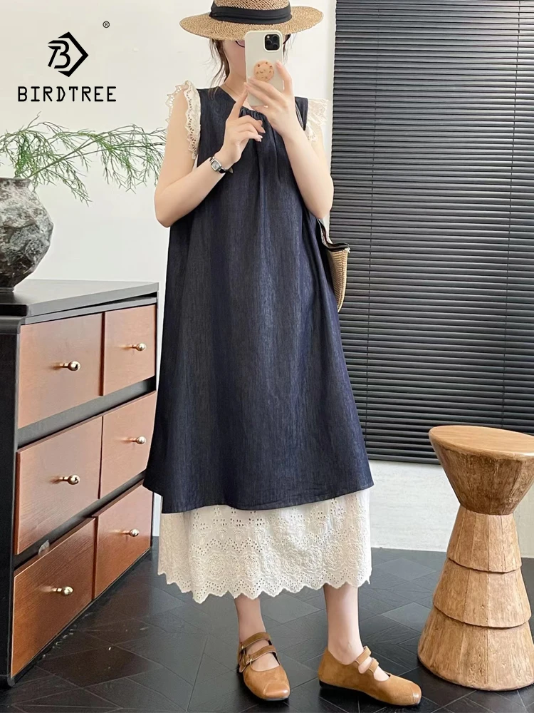 

New 2026 Summer Women Denim Dresses, O Neck Lace Patchwork, Mori Girl Fashion Age Reduction Versatile Loose Vest Dress D64559CC