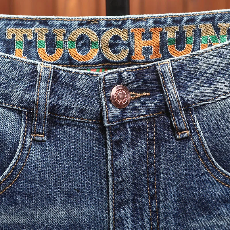 High end summer denim shorts men's ripped patch embroidered flower slim straight leg street five quarter pants