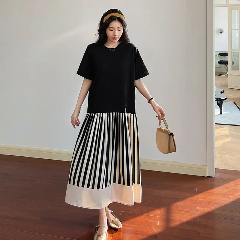 

Casual Loose Waist striped patchwork short sleeved dress Dresses Summer Women's Dress New Maxi dress Elegant Woman Clothing