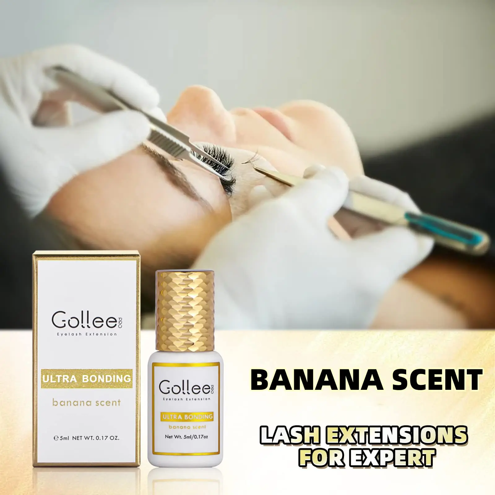 Gollee Banana Scent Eyelash Glue 1s Fast Drying Waterproof Glue Premade Fans Glue 3-5 Weeks Lasting Eyelash Extension for Salon