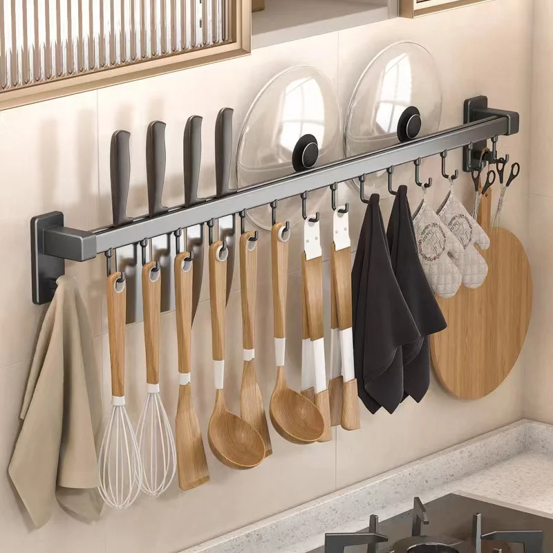 

Wall Mounted Kitchen Rack Aluminum Movable Hook Spoon Shovel Organizer Spatula Chop Shelf Kitchenware Bathroom Accessories