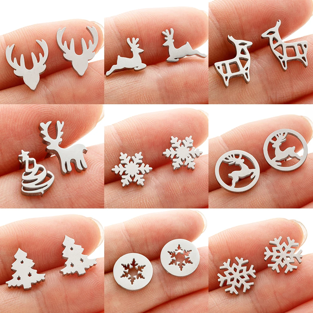 Stainless Steel Deer Christmas Tree Asymmetrical Earrings For Women Gir Ear Piercing Stud Earrings Jewelry Christmas Gift