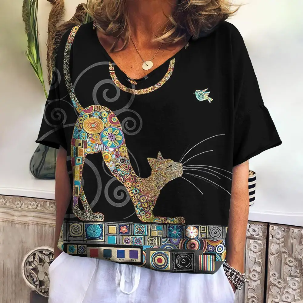 Women's T-shirt Cartoon Cat Print Loose Leisure Summer Short Sleeve V-Neck Kawaii Tee Shirts With Cat Funny Femininity Clothing images - 6