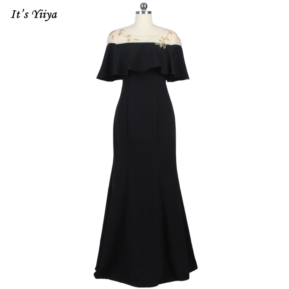 

It's YiiYa Evening Dress Black Ruffles O-neck Beading Zipper Back Mermaid Trumpet Floor Length Plus size Women party Dress E014