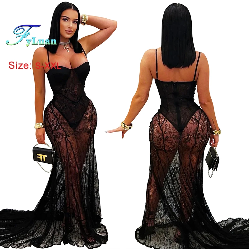 New Fashion Women Clothing Sexy Suspender Dress Lace Semi Perspective Evening Gown Sleeveless Slimming Fishtail Dress Long Dress