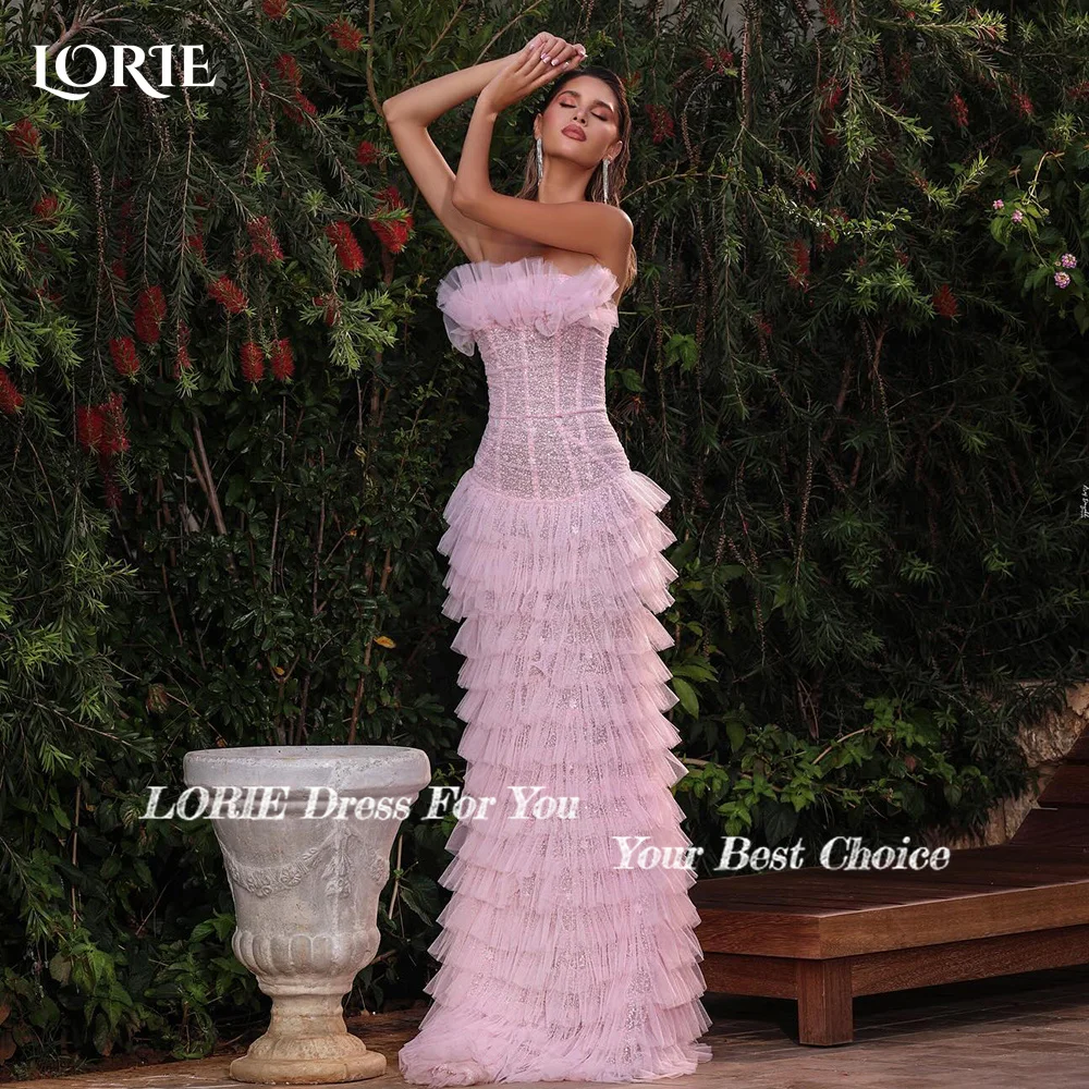 LORIE Strapless Evening Dress Pleats Saudi Party Dress A-Line Shiny Ruched Prom Gown Pink Backless Customized Cocktail Dress