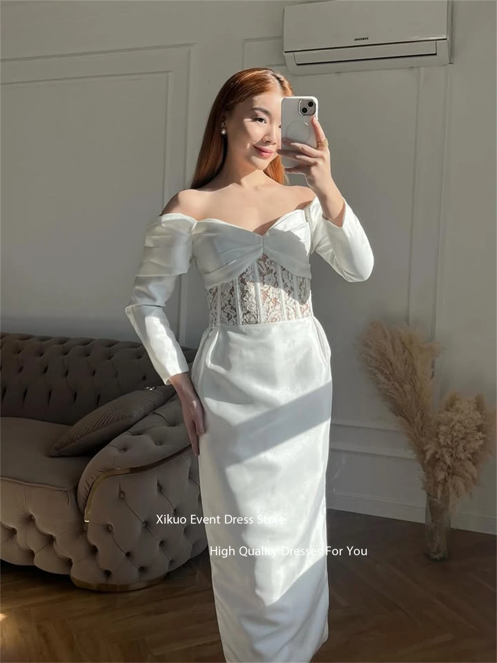 Xikuo Glamouröse schulterfreie Brautkleider mit Applikationen, gerüschte Satin-Abiballkleider, lange Länge, Vestidos De Fiesta, individuell gestaltet