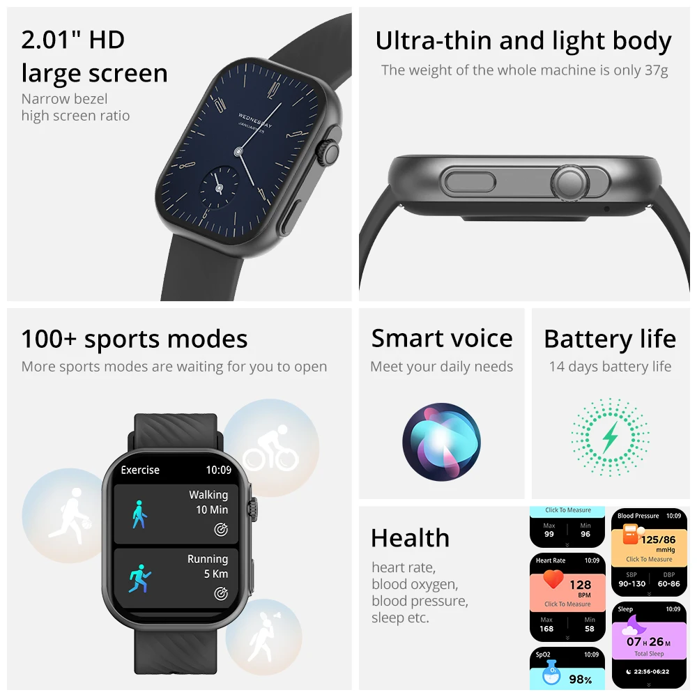 2024 COLMI P30 Plus 2.01\'\' Smartwatc Voice Calling 100+ Sports Modes Health Monitoring Smart Watch Men Women For Xiaomi Phone