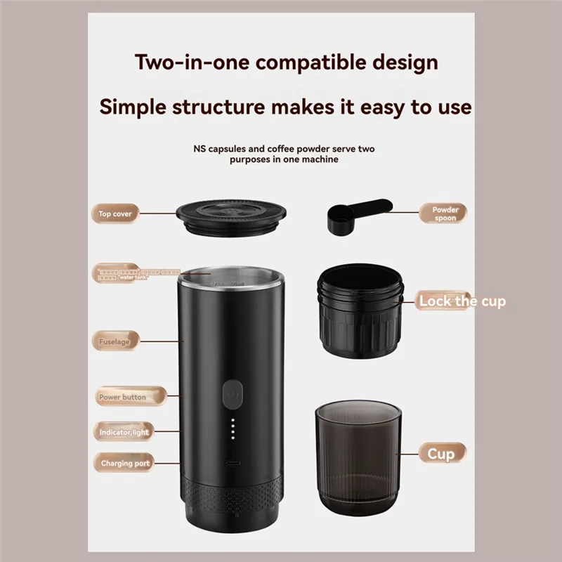 

B64B-Cordless Rechargeable Portable Electric Espresso Coffee Machine With Heating Function Handheld Coffee Maker For Camping