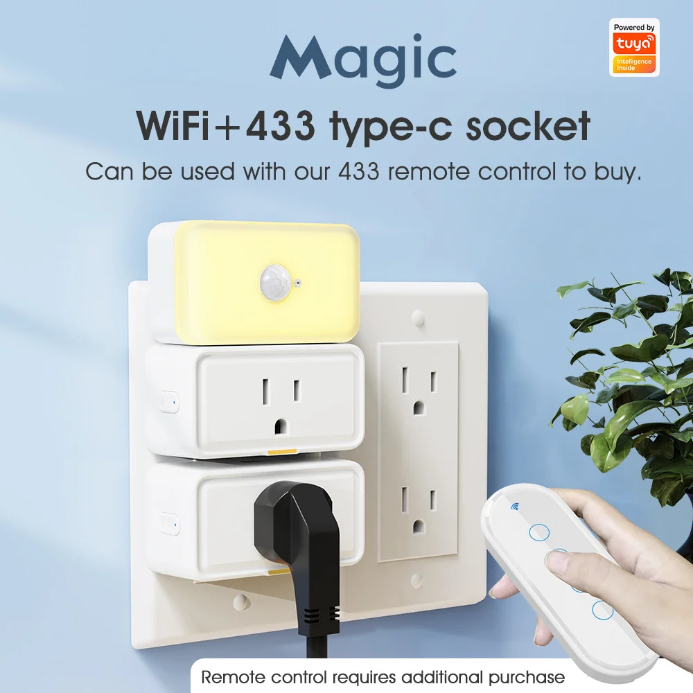 

Magic Tuya Smart Home WiFi+RF433 Typc-C US Socket 3300W Power Monitor Remote Control APP Google Alexa Voice Control Plug Switch