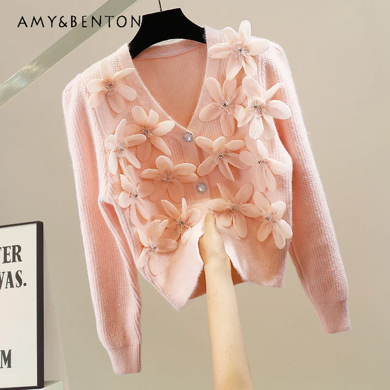 

Heavy Industry Beads V-neck Long Sleeve Three-Dimensional Flower Pink Cardigan Spring New Sweet Elegant Slim Cropped Cardigan