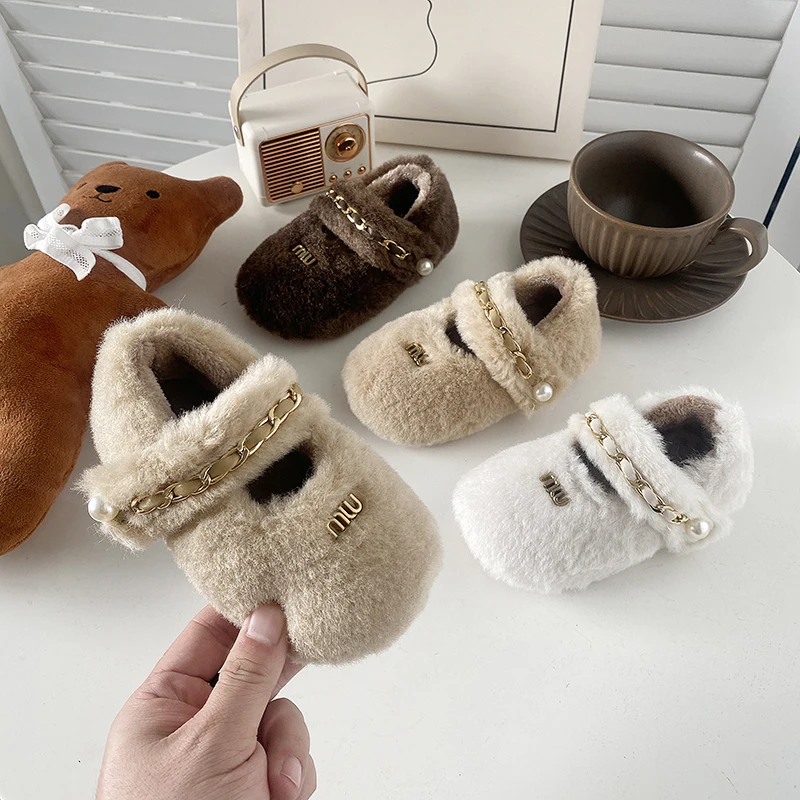 

Плюшевые милые туфли Мэри Джейн для маленьких девочек, теплые удобные туфли на плоской подошве, новая осенне-зимняя плюшевая хлопковая обувь для малышей