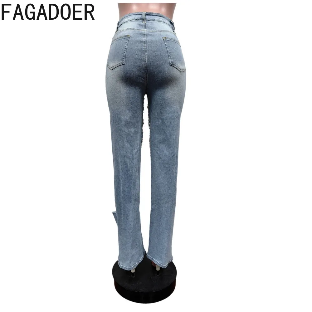 FAGADOER-pantalones vaqueros con agujeros y perlas para mujer, pantalón de cintura alta con bolsillos y botones, elásticos, a la moda, novedad de verano