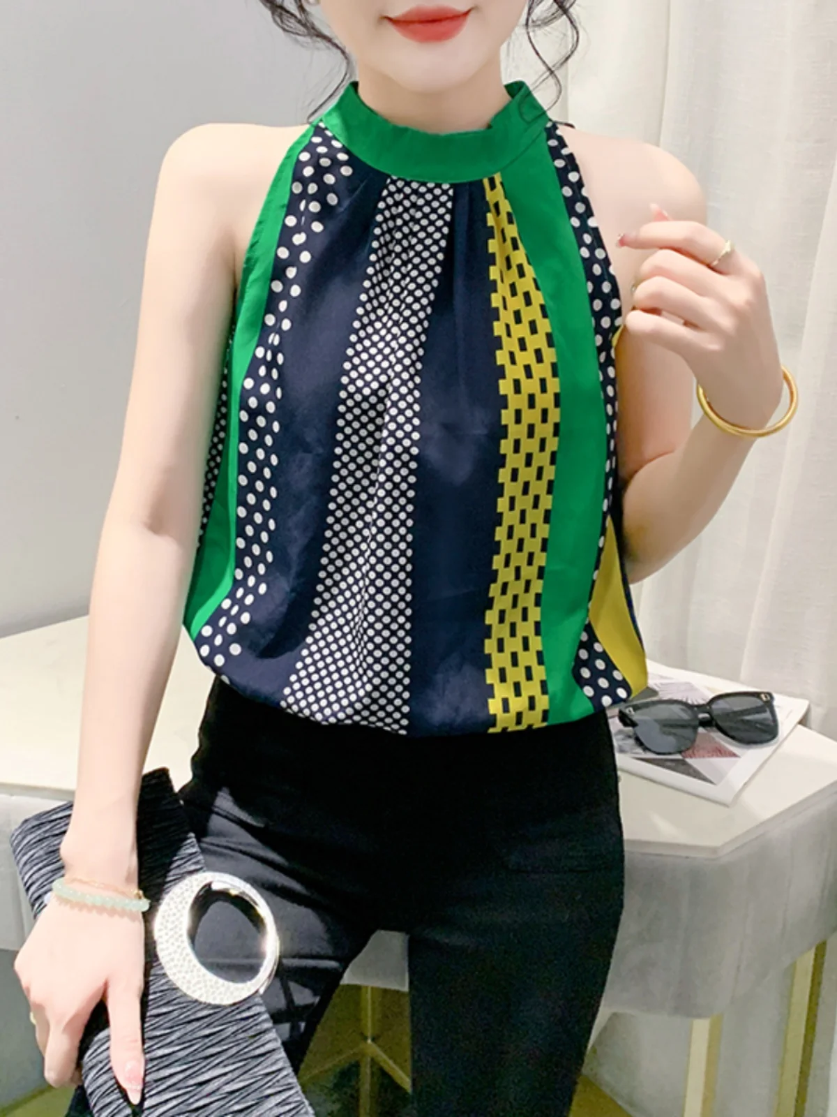 패셔너블한 프린트 스웨이드 시폰 탑 여성 여름 신상 루즈핏 배 가리는 어깨 노출 베스트 스트리트 스타일