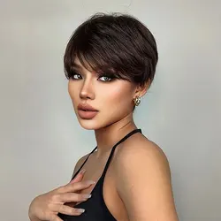 Short Brown Wig Human Hair Short Pixie Cut Wig Human Hair Chocolate Brown Human Hair Duby Wig Cheap Full Machine Wigs for Women