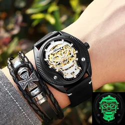 AILANG Brand New Fashion Cool Black Skull Mechanical Watch for Men Sports Leather HD Luminous Automatic Skeleton Watches Mens