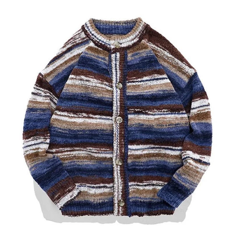 Gradient Striped Patchwork Color Men Sweater Coat Vintage Fashion Casual O-Neck Sweater Winter Male Thick Cardigan Sweater