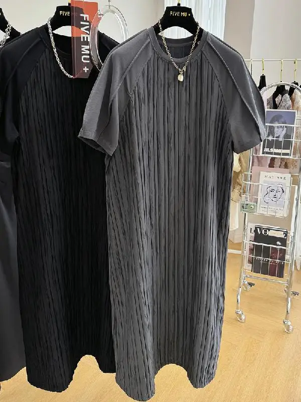

Vestidos De Mujer Black Grey Vintage Patchwork Short Sleeved Dress Pleated Maxi Women Summer Y2k Casual High