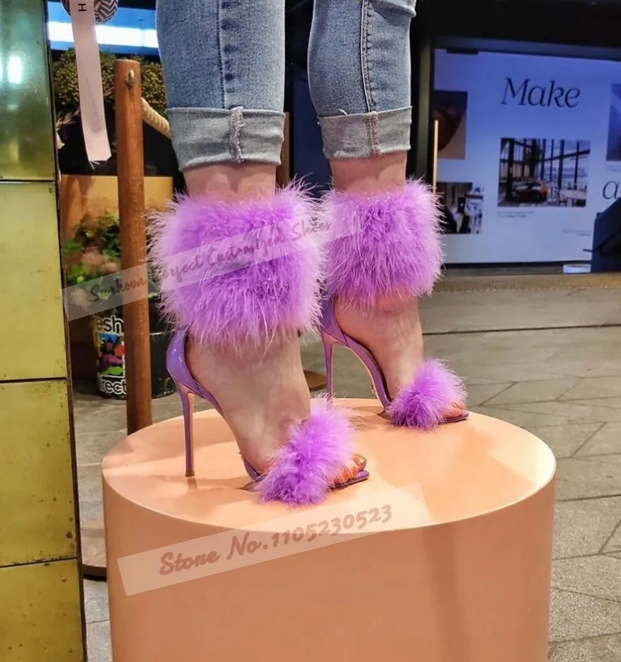 

Фиолетовые, красные, милые босоножки на высоком каблуке с мягким мехом, туфли на шпильке с острым носком, пушистые плюшевые модельные туфли, женские элегантные меховые туфли
