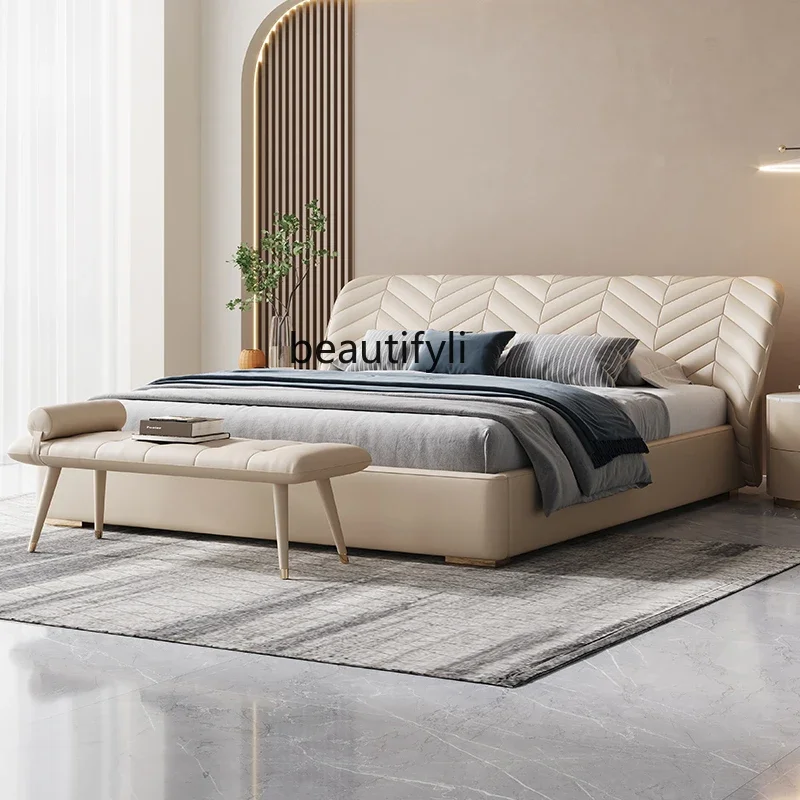 

Light Luxury Leather Bed Nordic Simple Master Bedroom Double Gold-Plated Foot Leather Marriage Bed Post-Modern