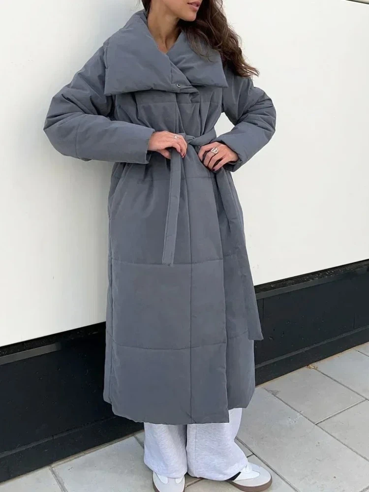 

Новые зимние женские свободные стеганые парки, элегантные модные пальто, теплые куртки-пуховики большого размера с длинным поясом, женская хлопковая стеганая куртка