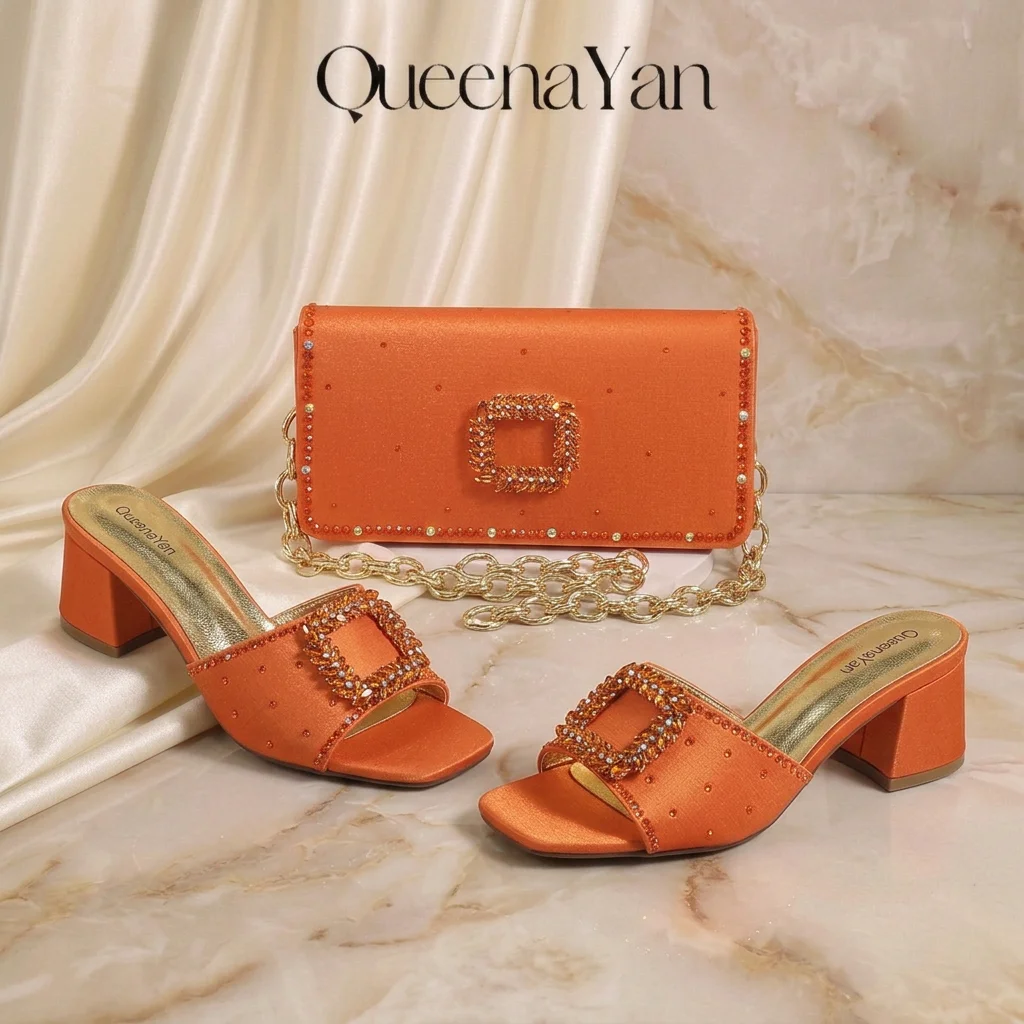 Elegant Italian Design Women's Block Heel Party Shoe and Bag Set, Chic Orange Rhinestone Square Open Toe Slide Sandals Perfect