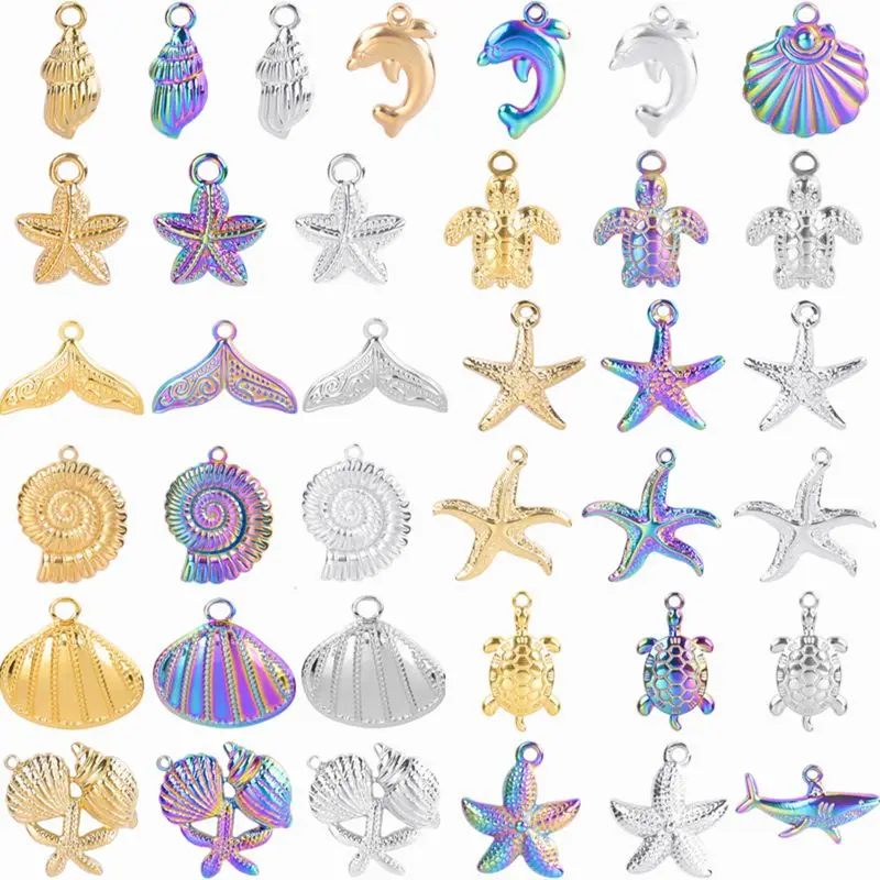 10PCS Solid Stainless Steel Sea Animal Charm Starfish Shell,Conch diy Vintage Fashion Making Earrings Bracelets Pendant Material