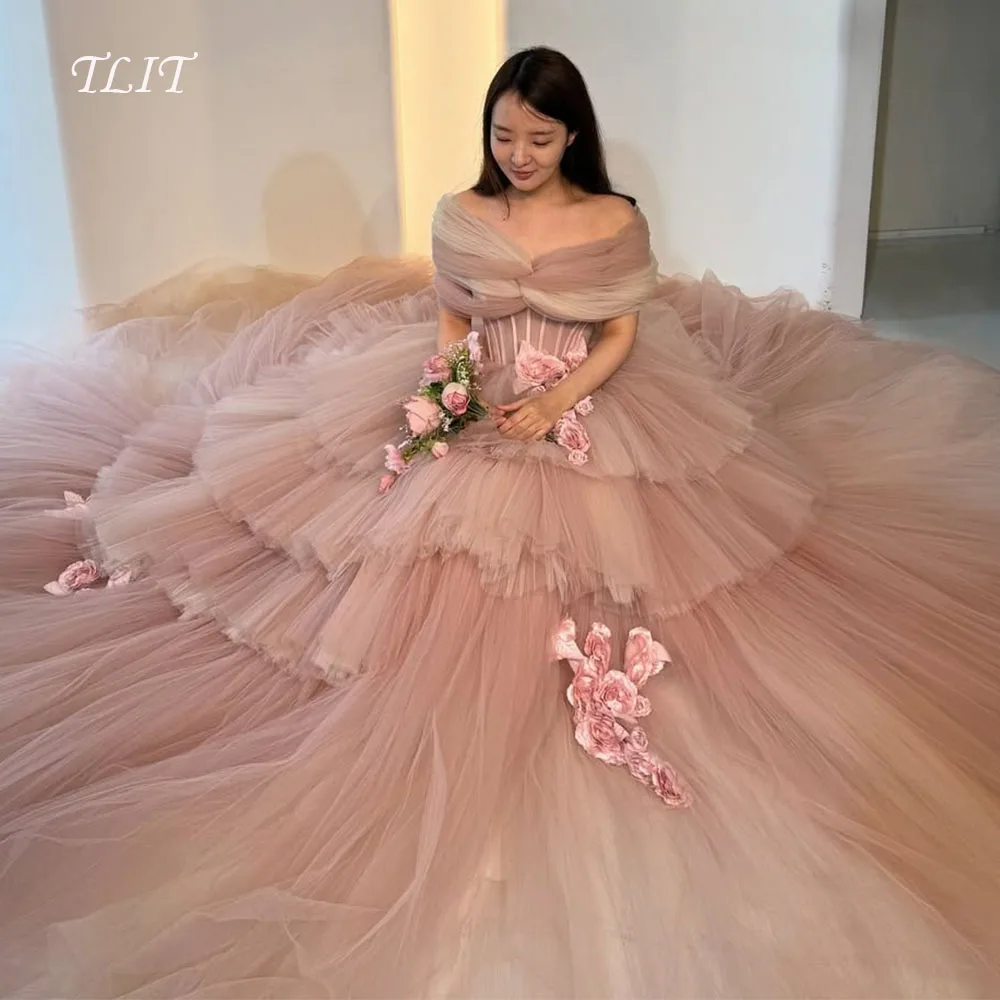 TLIT luxurious Pink Tulle Tiered Evening Dress Korea Wedding Dress Photo Shoot Criss-Cross Sweetheart Prom Gowns Customized