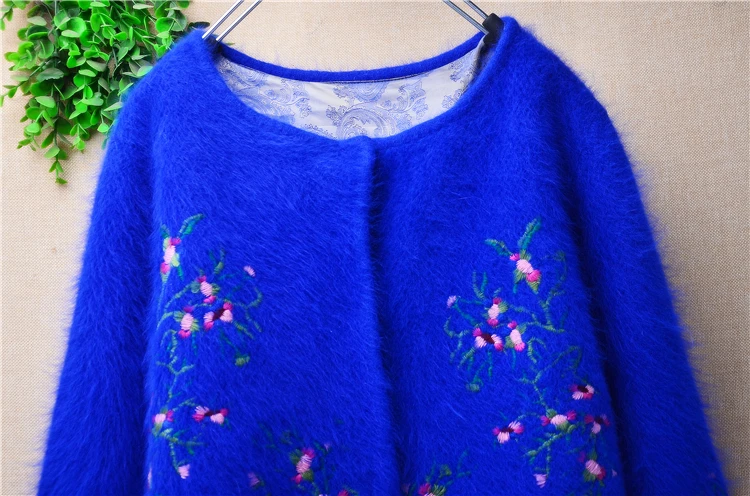 สุภาพสตรีผู้หญิงฤดูใบไม้ร่วงฤดูหนาวเสื้อผ้าสีฟ้าเย็บปักถักร้อยโครเชต์ Hairy Mink Cashmere ถักแขนยาวหลวมเสื้อสเวตเตอร์ถักเสื้อ
