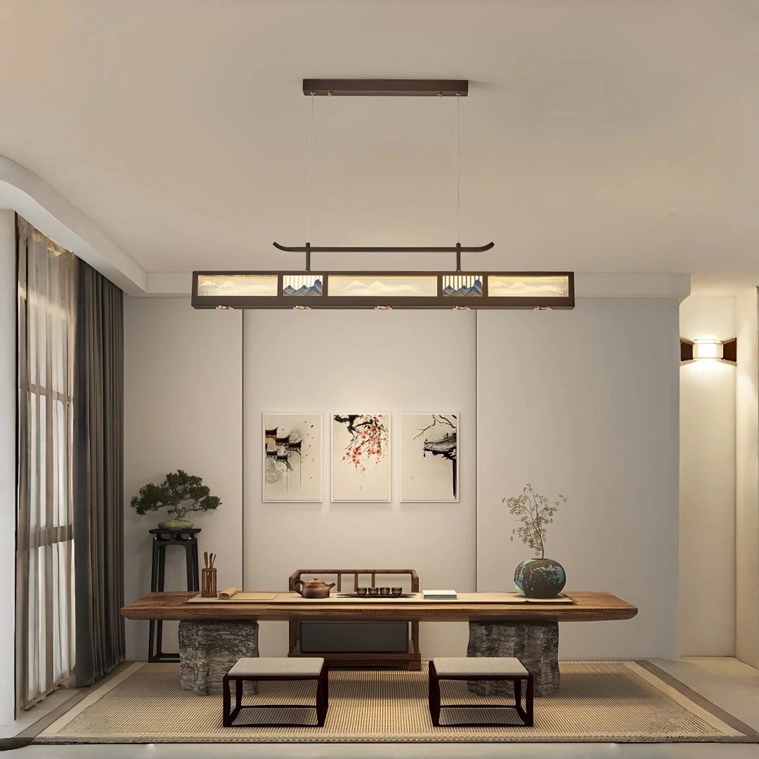 New Chinese Landscape Linear Pendant Light Long Strip Ceiling Lamp for Dining Room Kitchen Island Living Room Tea Room Restauran