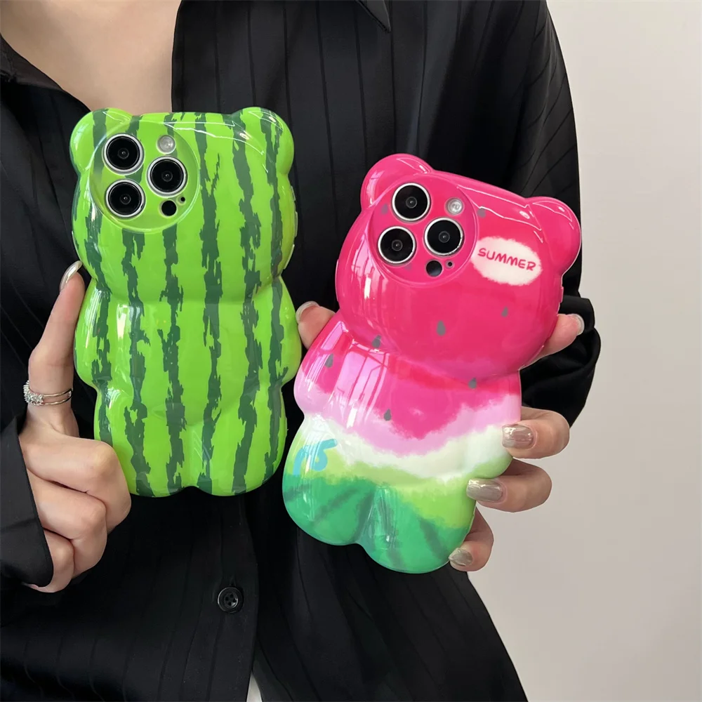 Korean Cute Watermelon Bear Phone Case For iPhone 15 14 13 12 11 Pro Max Plus Lovely Shockproof Protective Soft Cover Funda